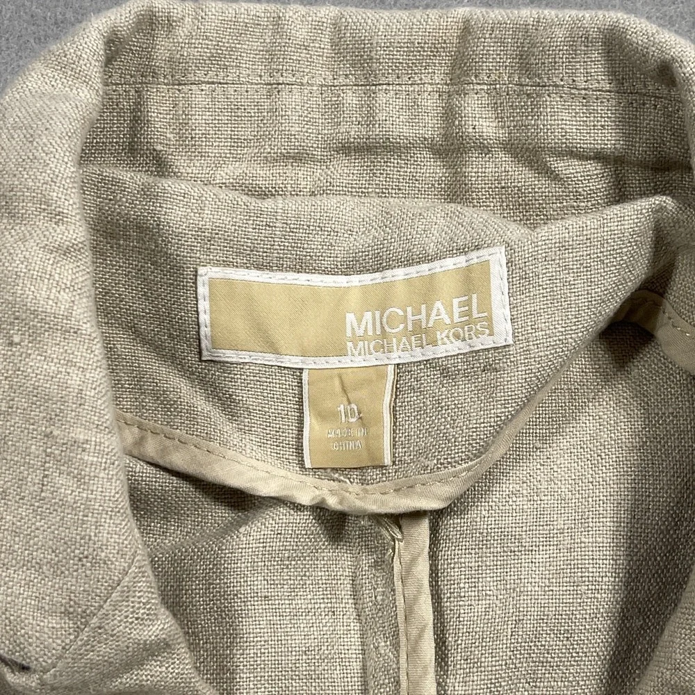 Michael Kors Linen Blazer Women 10 Regular Ruched Sleeve Beige Minimalist Summer